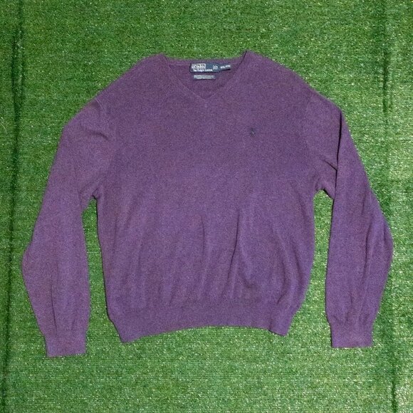VINTAGE POLO RALPH LAUREN MENS V NECK SWEATER PURPLE GREEN HORSE COTTON SZ XXL - Picture 6 of 6
